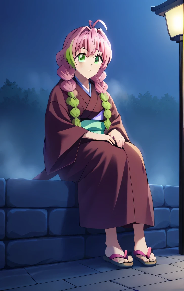 score_7_superior, Break Source_anime, K Mitsuri V4XL, One girl, alone, View your viewers, Brown kimono, White kimono, Sandals, Sitting, procedure, night, fog, Outdoor,