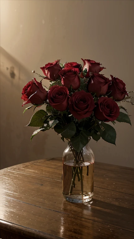 8K, Best Quality, Masterpiece, Ultra High Resolution, (Realism: 1.4), Original image, a rose tree with bright red flowers, a bit of morning dew still on the petals