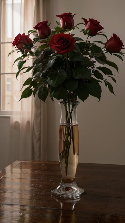 8K, Best Quality, Masterpiece, Ultra High Resolution, (Realism: 1.4), Original image, a rose tree with bright red flowers, a bit of morning dew still on the petals