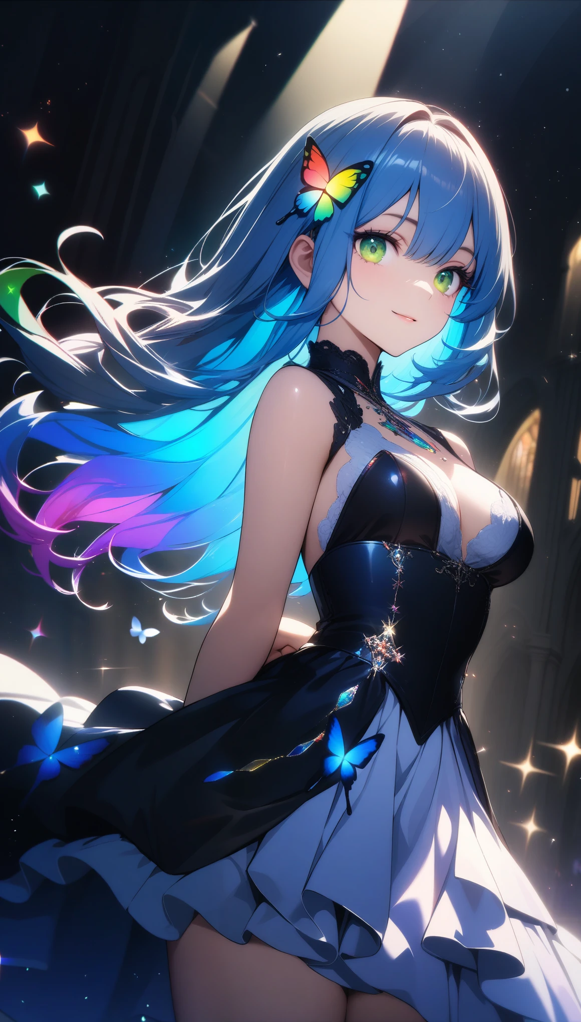 32k, best quality, ultra high res, HDR, UHD, extremely detailed CG, unity 32k wallpaper, One girl, masterpiece, Very detailed, ((Cinema Lighting)), (Shine), ((Dramatic lighting)), ((Beautiful sparkle)), Intricate details, Lens flare, Multicolored Hair, Rainbow Hair, Long Hair, colorfulなドレス, butterflyの髪飾り, butterfly, (Particles of light), Put your arms behind your back, Large Breasts, [Curvy], Cowboy Shot, A light smile, Green Eyes, church, Stained glass, Spotlight, Dark Background, Floating Hair, Floating Hair, View your viewers,((colorful)),