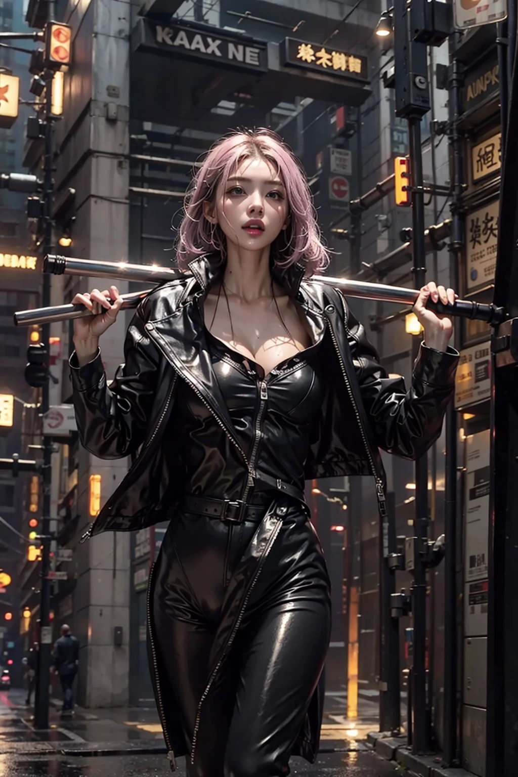 highest quality、surreal、perfect anatomy、Wet and shiny white skin、model body shape、Sweat dripping all over the body、Super small face、Ahegao、Cleavage、Cyberpunk City、Monotone urban tech wear、Pink, black, silver and golden hair、Futuristic weapons in both hands、