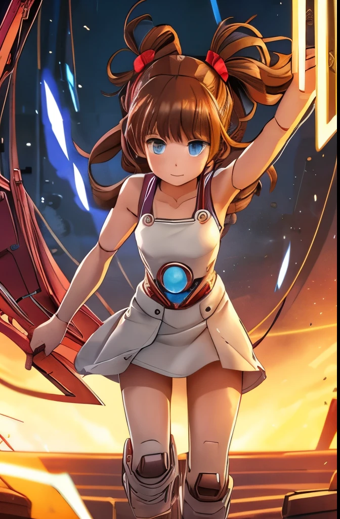 A Female robot is sleeping in the book, spread legs, nude, banzai pose. she wears no dress. She Brown short hair is tied with two big red clothespins, She lifts up the under hem of her white plain dress, leaning over, masterpiece, very short pigtails,brown hair, mature, android, blue eyes, full body figure, Height: 160cm, flushed cheeks, 2020s anime picture, A beautiful robot with short brown hair in two short pigtails held up by two very large huge red clothespins, Uplifting, No NSFW, whole body, barefoot, archaic smile, getting orgasm, 25 years old, sweat bucket.