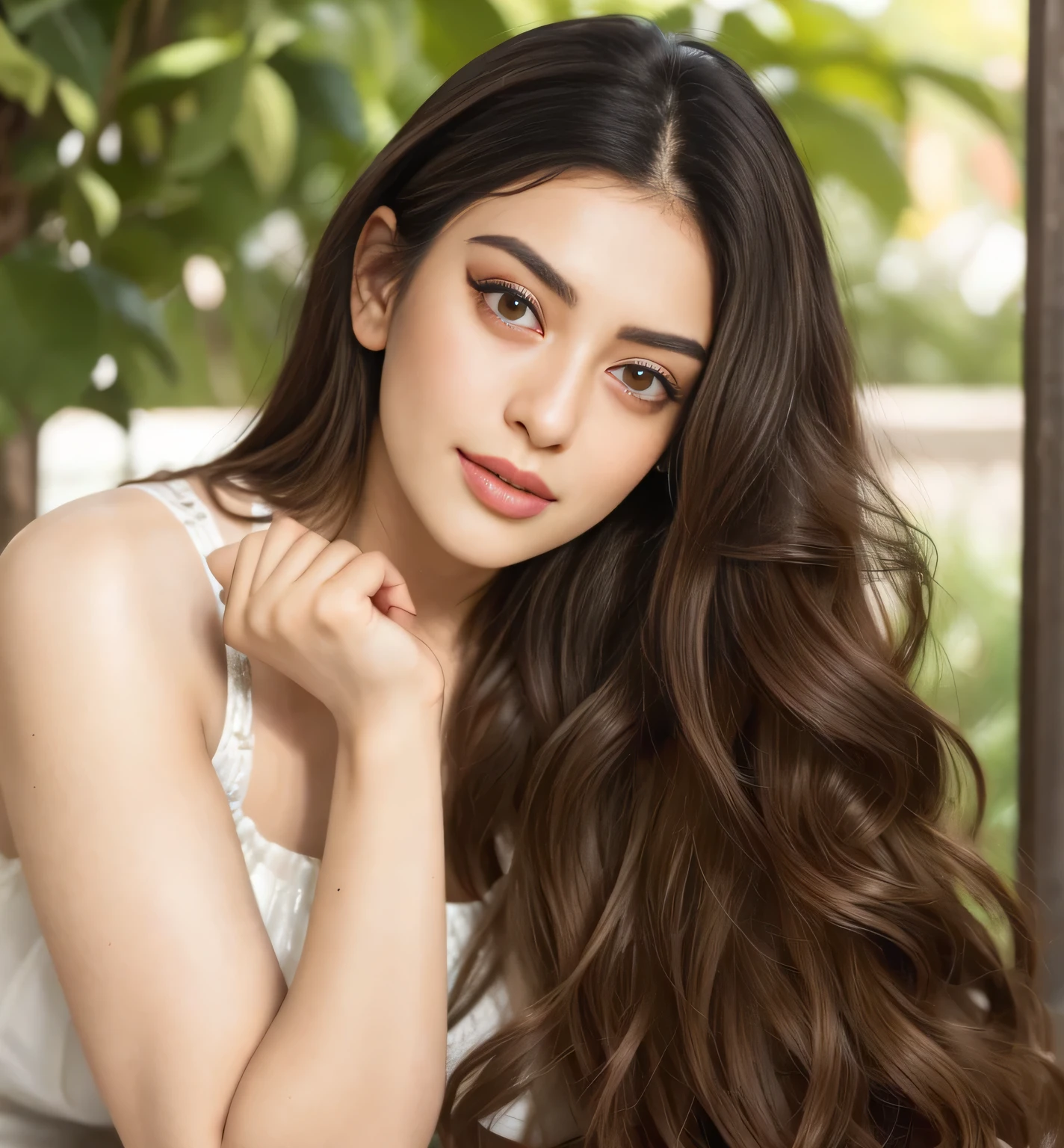 a realistic image of this influencer zareen black long hair brown eyes strong face strict jawline fit 22 year girl full body bangladeshi seductive eyes double eyelid detailed eyes lusty smile add 4 freckles to her face