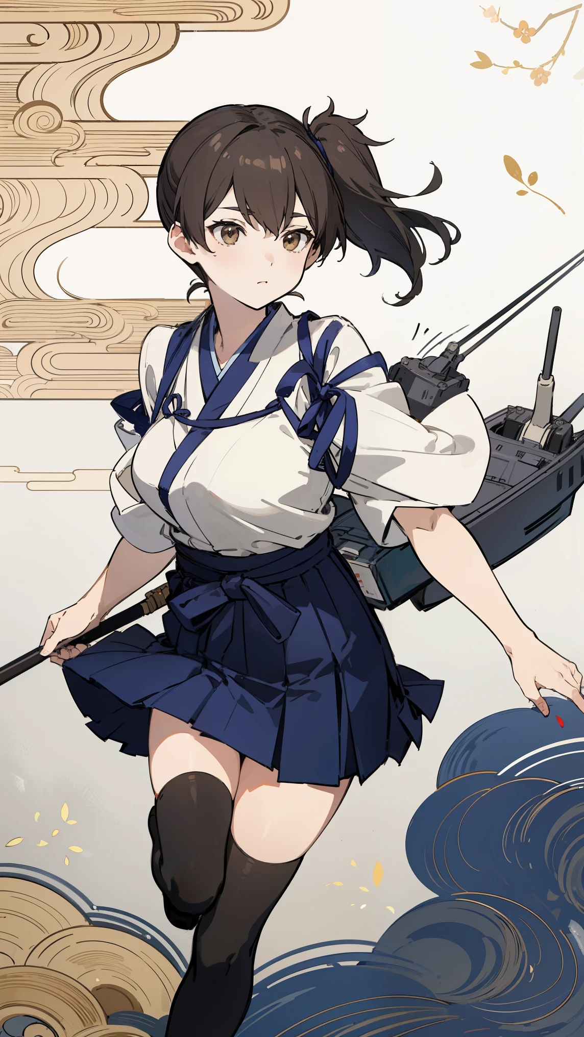 (masterpiece, highest quality) detailed, kaga (kancolle), {{kaga kai ni (kancolle)}}, side ponytail, brown eyes, black long hair, black thighhighs, short skirt, hakama skirt, japanese clothes, , blue hakama, hakama, muneate, tasuki, whole body,Chinese element pattern,thigh,