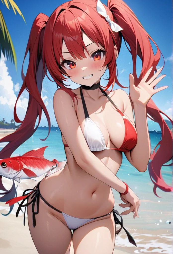 High quality, high definition, hig
h precision images,8k 1Girl Robot Girl、red hair,Twin tails,Red eyes.robot style red and white barrette、Of summer long beach,red and white micro bikini 、Holding a carp streamer with both hands and waving it smile,