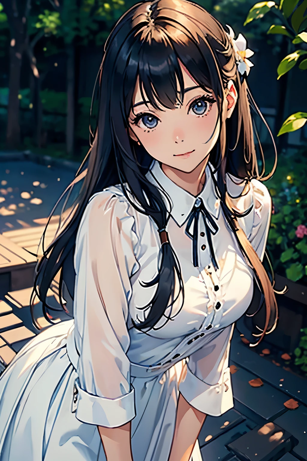 ((highest quality、masterpiece、shining eyes、detailed))、1 cute girl、beautiful face、pop background、beautiful anime、1girl、young girl、 solo、long hair、cute bangs、 、elegant、 looking at viewer、standing、Isometric light、、4k、city、beautiful trees、dawn sky、purple color、beautiful clouds