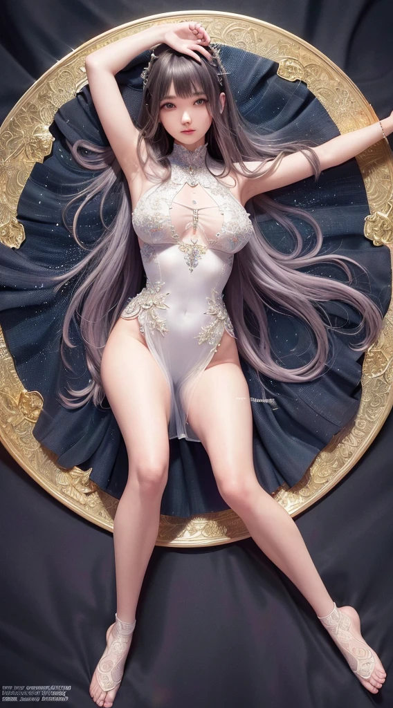 ((Mastepiece))、((Best Quality))、high quality、High definition、High resolution、High detail、(Purgatory Background)、Full Figure、whole body、Lens flare、Ray Tracing、Side light、high qualityなshadow、high qualityなテクスチャ、Detailed texture、Beautiful details、(Beautiful delicate face with details、Detailed beautiful delicate eyes、Perfect Facial Proportions、Detailed skin、Charm、Realistic and colorful)、((Slender beauty)) 、(Intricate detailakeup、Pure Eros Face)、Hair Color、Beautiful bangs、Detailed chest、Large upward-facing breasts、Beautiful feet、Detailed fingertips、Raise your arms、See-through、uniform