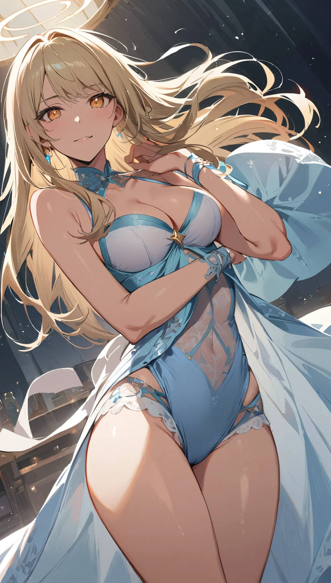((masterpiece, best quality)), Detailed face,Final Fantasy,Rinoa,whole body,Perfect body proportions,Blink,halo above head,Fantasy style,extremely beautiful,transparent,Sexy Lingerie,Lace,Garter stockings,Star