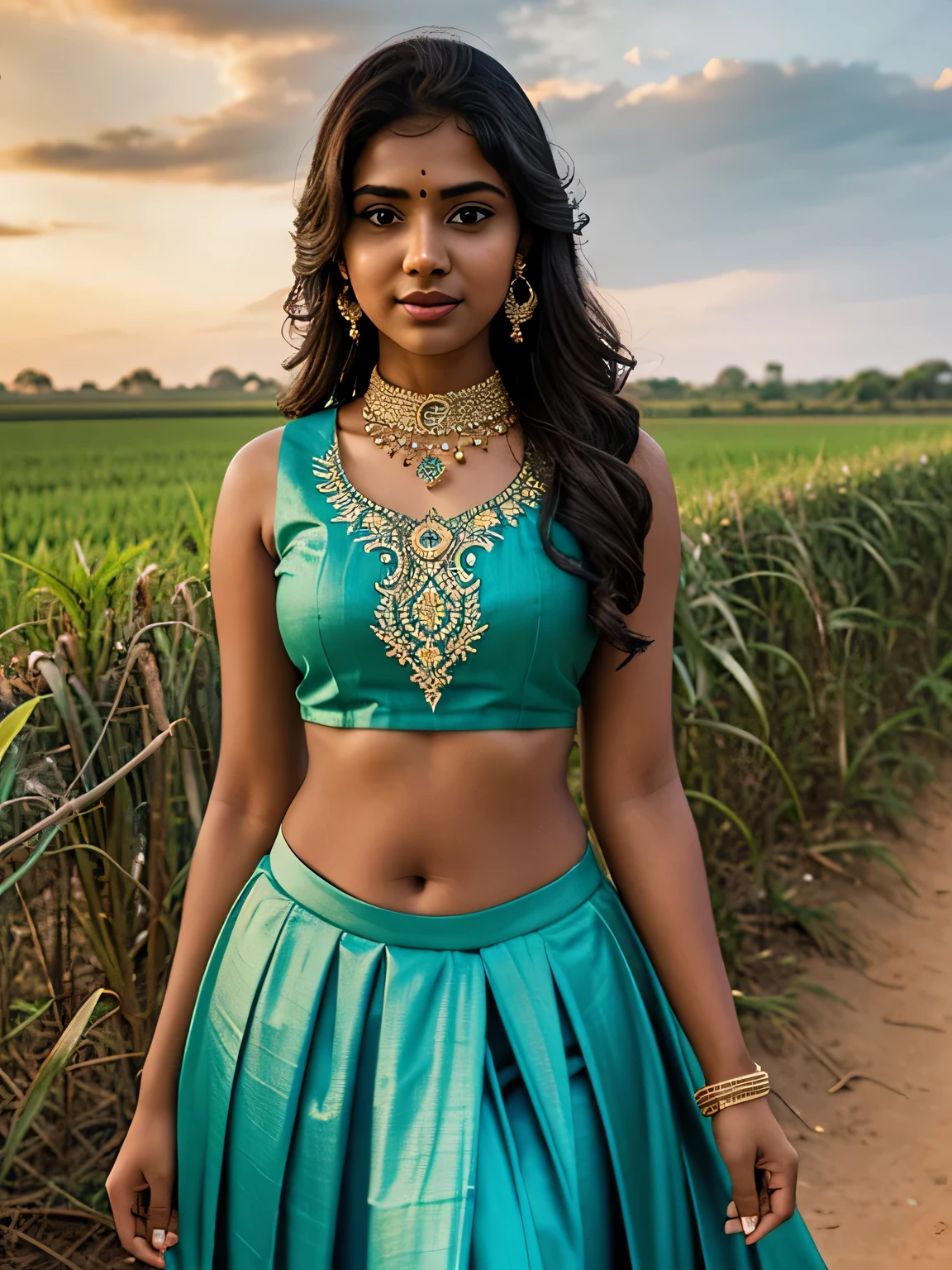 20 year old Tamil girl, inside sugarcane field, evening sky, bossy sassy photoshoot, (wearing expensive sleeveless choli, long skirt), (intricate detailing of face eyes nose mouth full lips & body parts), textured skin, smile:0.6, eyes symmetry, face symmetry, 256K, HDR, hyper realistic, intricate detailing, yotta-pixel image, yocto-pixel detailing