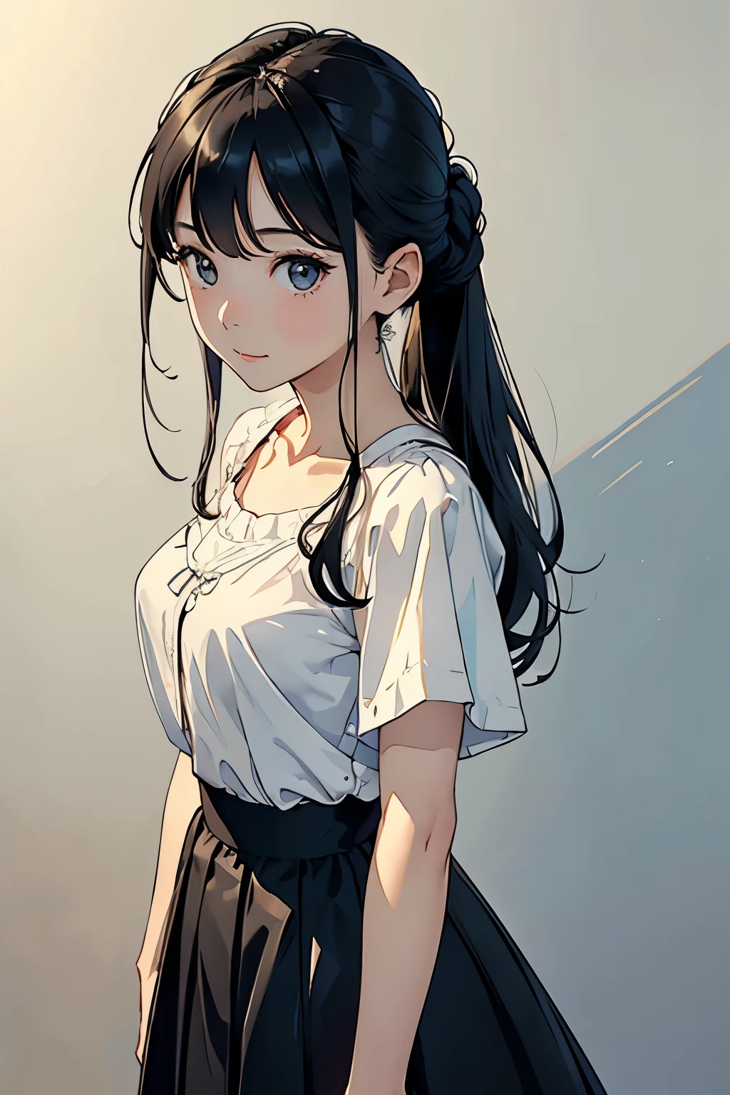 (highest quality、masterpiece、High resolution)、4K Anime Art、(Beautiful older sister)、(1 person、Beautiful adult woman、Age 25)、(Upper Body、Front facing、natural standing posture、)、 (Detailed depiction of a beautiful face)、Smiling Kindly、Black Hair、semi-long、Put your hair up、Small breasts、Slim figure、White dress、Neat clothes、White blouse、Long skirt、(Simple Background)、Blur the background、