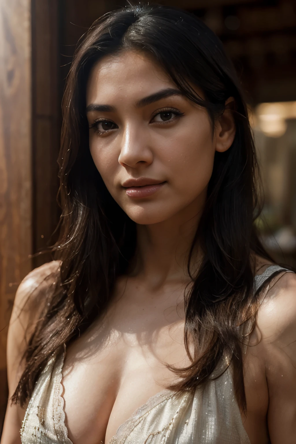 A breathtkain cinematic photo of a 40 year old woman with Arab and Asian features, beautiful, wearing a slight smile, fair-skinned, broad shoulders, large chest, long black hair, mysterious gaze, long neck, small nose, perfect, pink lips, delicate eyebrows, long eyelashes, perfect body, detailled skin texture, (blush: 0.5), (goosebumps: 0.5), epic hollywood film, ((best quality)), ((ultra resolution)), ((photorealistic: 1.4)), (intricate details), makeup: 1.5, facial details, front view ((uniform, teatcher costume))