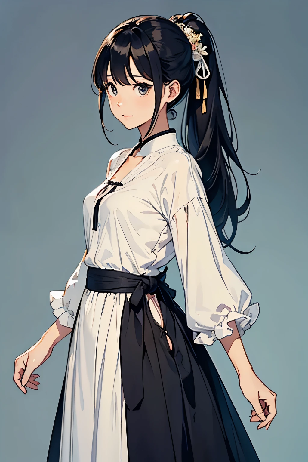 (highest quality、masterpiece、High resolution)、4K Anime Art、(Beautiful older sister)、(1 person、Beautiful adult woman、Age 25)、(Upper Body、Front facing、natural standing posture、)、 (Detailed depiction of a beautiful face)、Smiling Kindly、Black Hair、semi-long、Put your hair up、Small breasts、Slim figure、White dress、Neat clothes、White blouse、Long skirt、(Simple Background)、Blur the background、