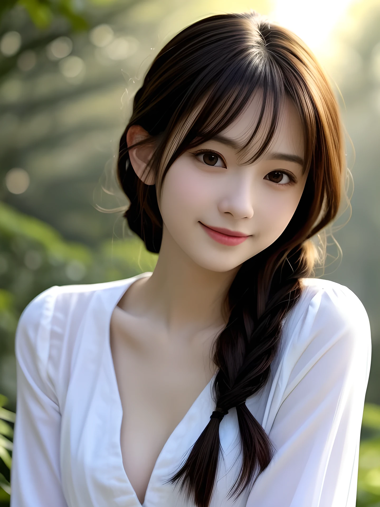 masterpiece, highest quality, High resolution, table top、wallpaper, realistic, bright lighting, professional lighting, face light, smooth lighting, japanese girl, cute, happy, smile, Beautiful girl, gravure, sexy, super beautiful, beautiful skin, beautiful and detailed eyes、detailed face、slim、moderately, braid hair, brunette colored hair, brown eyes, looking away, dress shirt, The morning sunlight shines through the misty forest.
