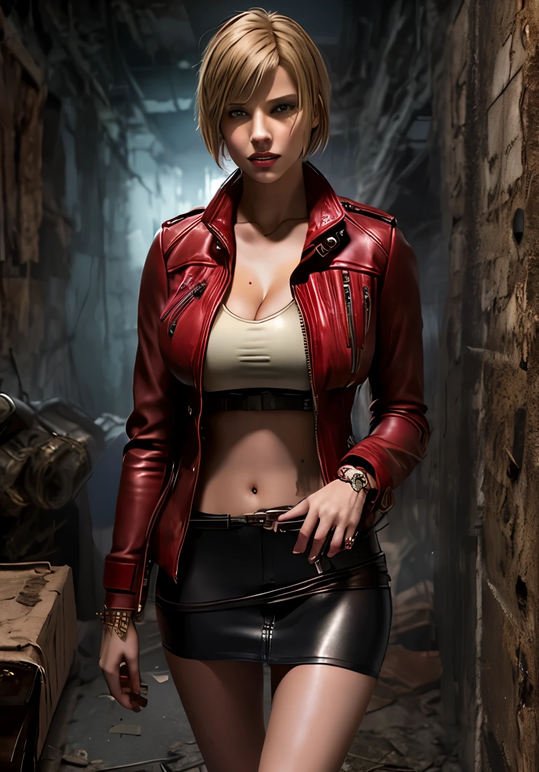 young blond Chear Leader with red leather jacket, Resident Evil, Realistic post apocaliptic scenes, lots of details, Zombie games, ultra-clear, short mini skirt, slim hips showing, skinny woman, skinny waist and groin, beautiful cleavage
