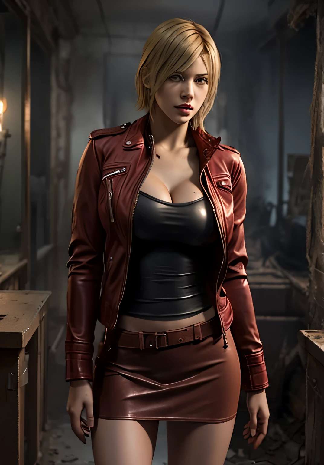 young blond Chear Leader with red leather jacket, Resident Evil, Realistic post apocaliptic scenes, lots of details, Zombie games, ultra-clear, short mini skirt, slim hips showing, skinny woman, skinny waist and groin, beautiful cleavage
