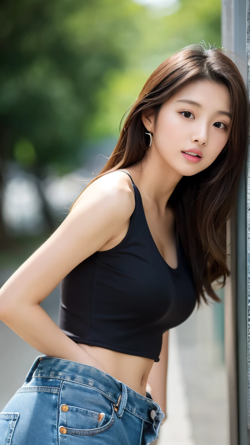 high quality、high resolution、Masterpiece、Japanese women、23 years old、Brown long hair:1.4、Beautiful Skin、Brown eyes、Thin lips、Glossy Lips、light makeup、Earrings、Large Breasty chest is wide open、Long, slender legs、Black tank top、necklace、Denim mini skirt、Looking straight ahead、Sexy pose、whole photo:1.5、turn around、Summer Park、