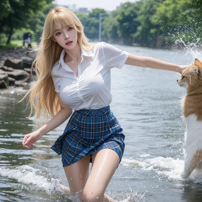 Busty women，blunt bangs，Thighs，Blonde Hair，Voluminous long hair that reaches down to the waist，Wavy long hair，Wet Hair，looking at the camera，Blue tartan skirt，The white shirt is wet and the underwear is visible，Running, splashing water，Being chased by a cat，