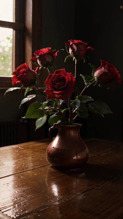 8K, Best quality, Masterpiece, Ultra high resolution, (Realism: 1.4), Original image, a rose tree with bright red flowers, on the petals there is still a little morning dew, a little rain woo