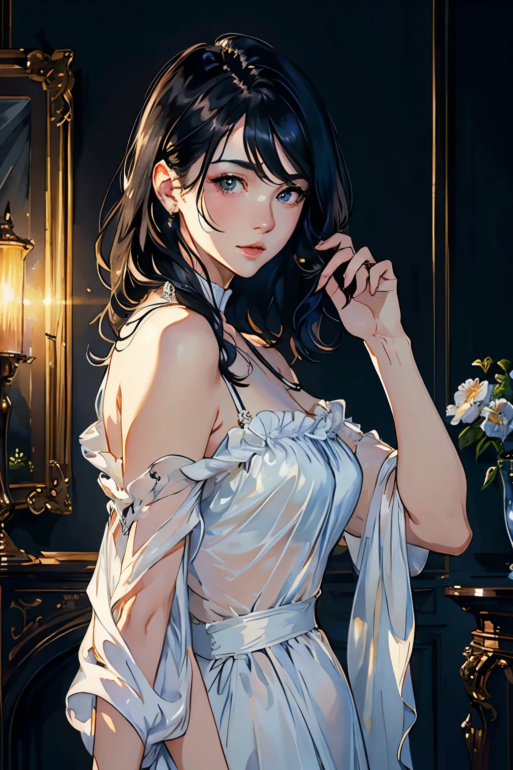 (highest quality、High resolution、masterpiece)、(Realistic)、1 person、20-year-old woman、Beautiful Face、 (Exquisite beautiful eyes)、(long)、Black Hair、 short hair、 Beautiful Hair、Shiny Hair、Skin Texture、Moisturized Skin、Blouse with a simple design、Cinema Lighting、Realistic lighting、Backlight、Ray Tracing、(White Background)、(No background)、(Watercolor of singer Sargent)、