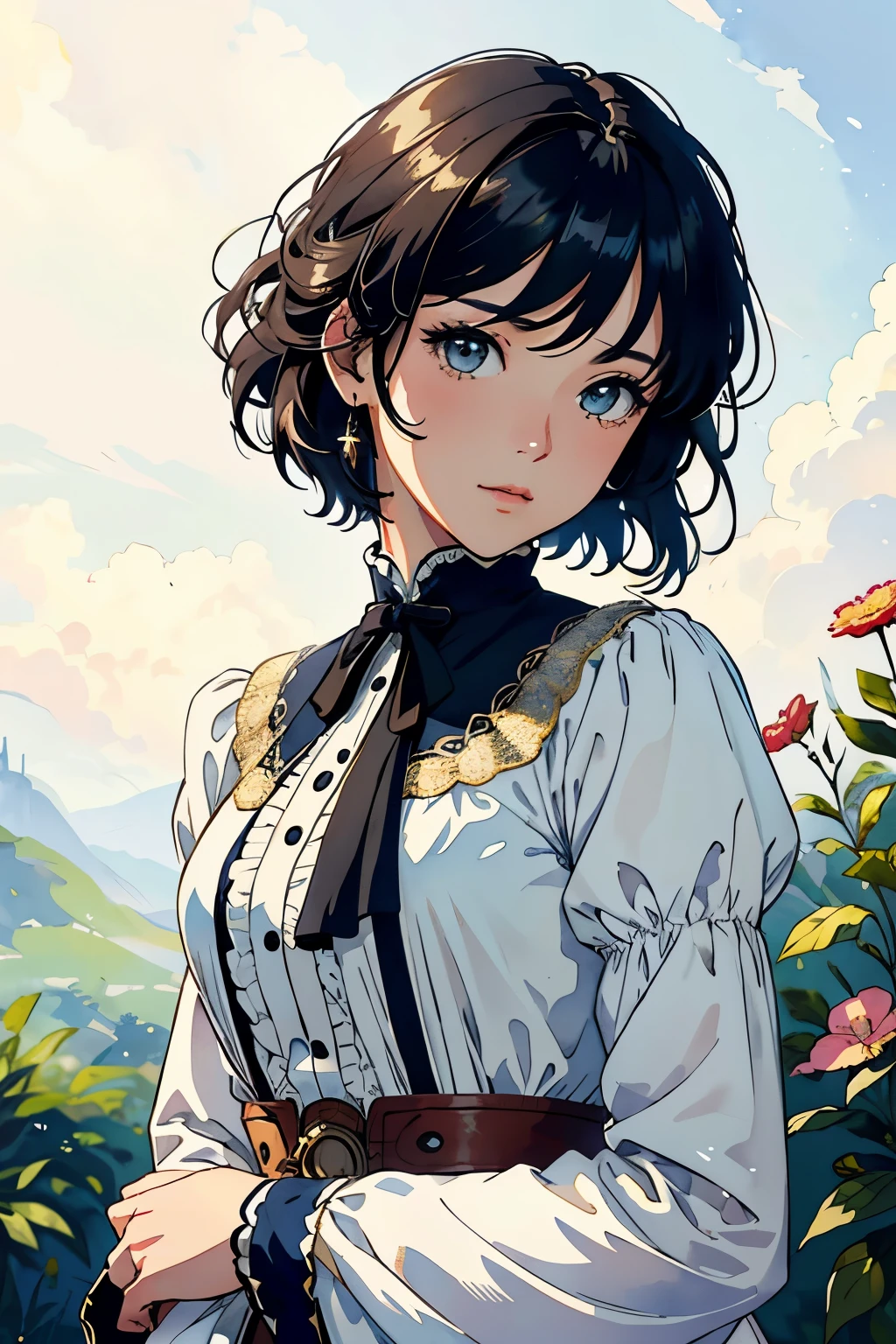 (highest quality、High resolution、masterpiece)、(Anime Art 4k)、(Realistic)、Portraiture、 1 person、20-year-old woman、Beautiful Face、 (Exquisite beautiful eyes)、long、Black Hair、 short hair、 Beautiful Hair、Shiny Hair、Trim your hair、Combing your hair、Skin Texture、Moisturized Skin、Small breasts、(Adventure travel clothing)、Blouse with a simple design、Peasant style costume、Victorian era costumes、steampunk、Cinema Lighting、Realistic lighting、Backlight、Ray Tracing、(White Background)、(No background)、(Sargent-style watercolor)、(Edmund Leighton Style)、