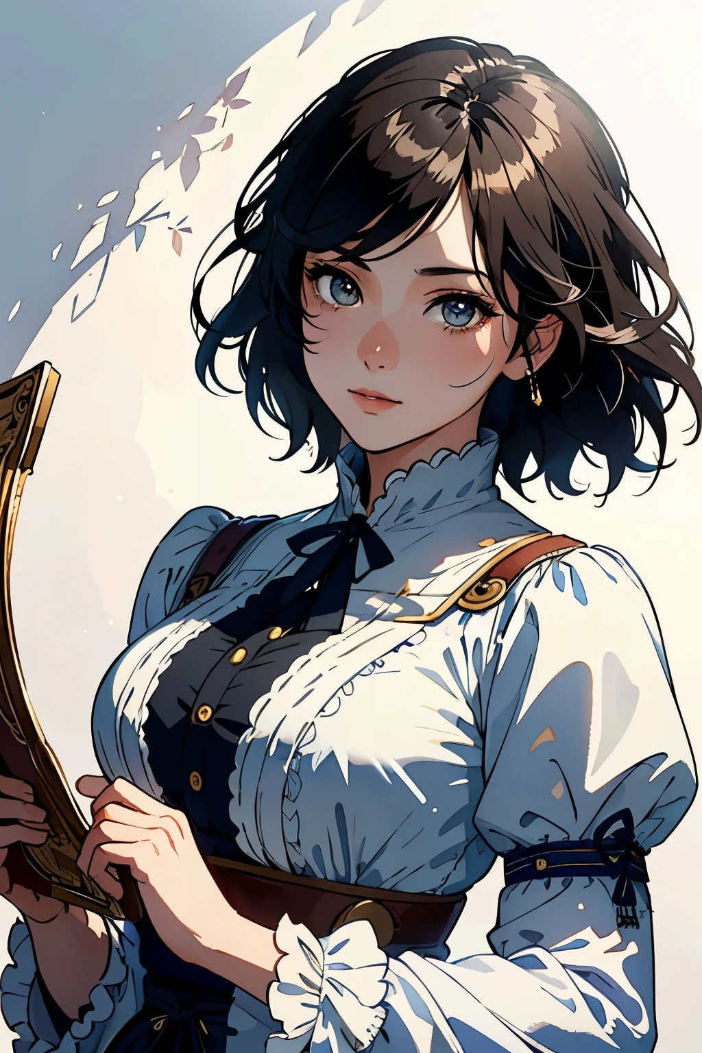 (highest quality、High resolution、masterpiece)、(Anime Art 4k)、(Realistic)、Portraiture、 1 person、20-year-old woman、Beautiful Face、 (Exquisite beautiful eyes)、long、Black Hair、 short hair、 Beautiful Hair、Shiny Hair、Trim your hair、Combing your hair、Skin Texture、Moisturized Skin、Small breasts、(Adventure travel clothing)、Blouse with a simple design、Peasant style costume、Victorian era costumes、steampunk、Cinema Lighting、Realistic lighting、Backlight、Ray Tracing、(White Background)、(No background)、(Sargent-style watercolor)、(Edmund Leighton Style)、