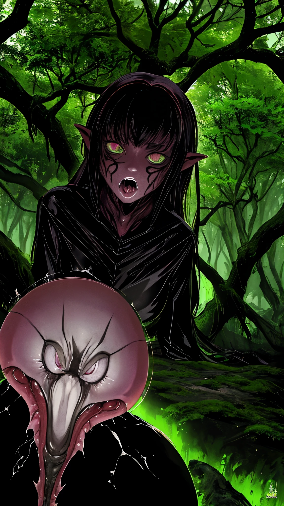 (best quality,highres:1.2),(realistic:1.37),ultra-detailed,a creepy toad,enormous in size,brightly colored,stalks through an ancient forest,tentacle tongue,thick and slimy skin,dark,ominous atmosphere,gloomy shadows,misty fog,gnarled trees,twisted branches,moss-covered rocks,dappled sunlight,unearthly glow,spooky ambiance,dense undergrowth,crunching leaves underfoot,haunting presence,unsettling silence,distant whispers,Cthulhu-like creature,mythical world,mysterious aura, Sentai Ranger, unnerving and seductive, HDR, 8k, absurdres, cinestill 800, sharp focus, add_detail:3 (solo woman) anime, wideshot, widescreen, focus on subject