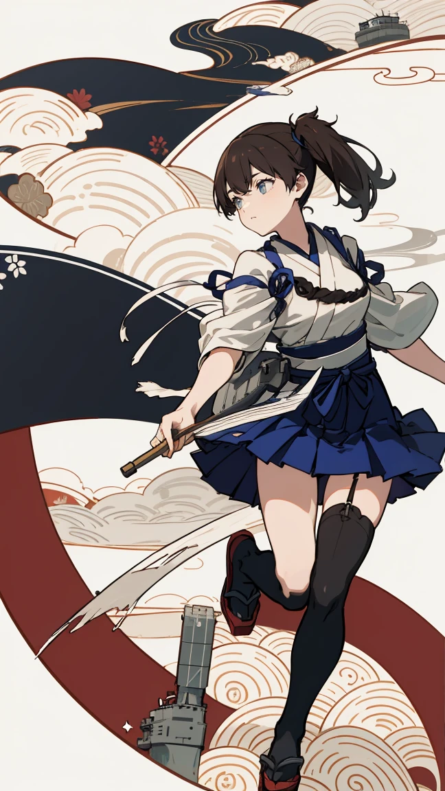 (masterpiece, highest quality) detailed, kaga (kancolle), {{kaga kai ni (kancolle)}}, side ponytail, brown eyes, black long hair, black thighhighs, short skirt, hakama skirt, japanese clothes, , blue hakama, hakama, muneate, tasuki, whole body,Chinese element pattern，thigh，