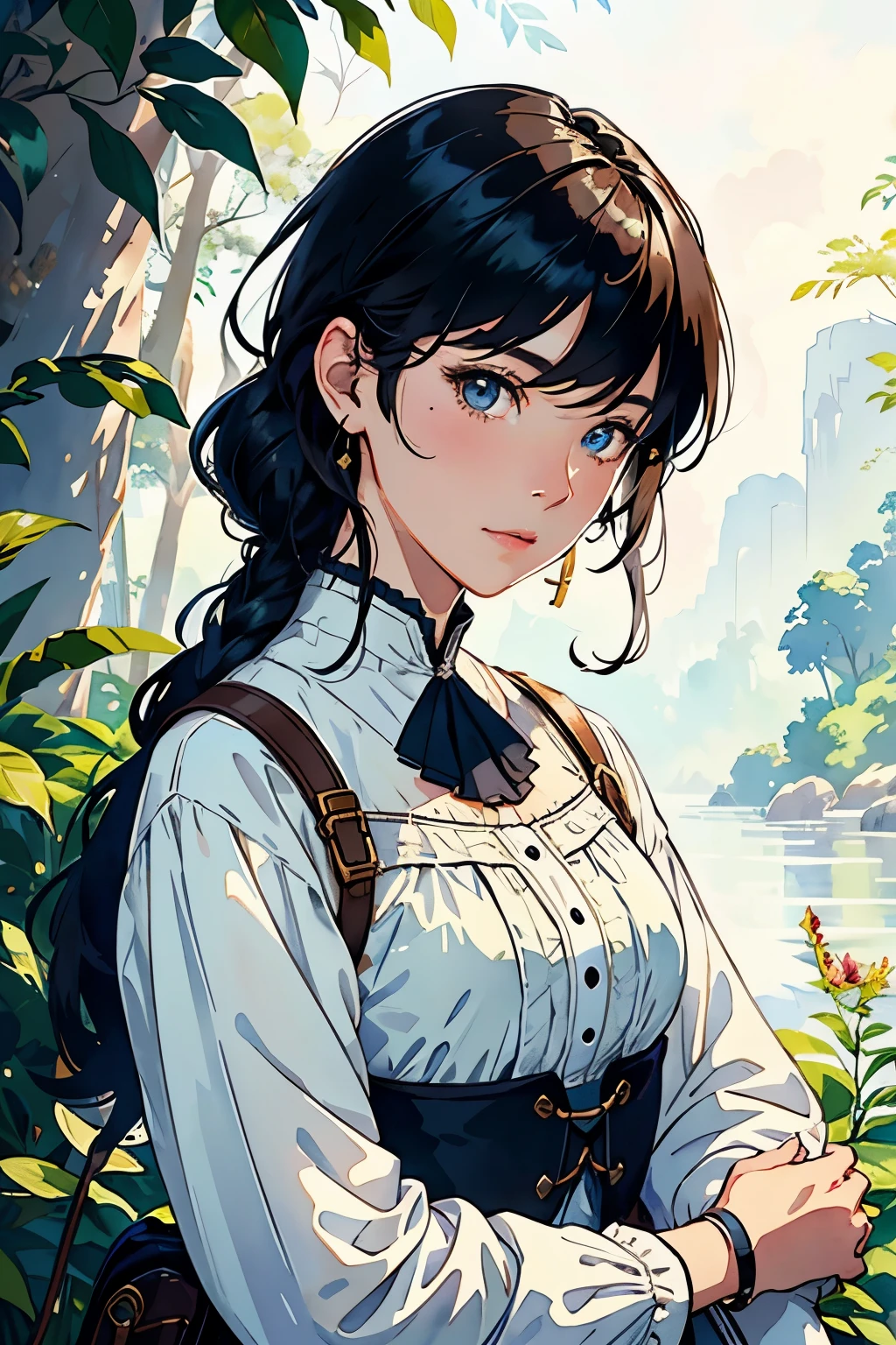 (highest quality、High resolution、masterpiece)、(Anime Art 4k)、(Realistic)、Portraiture、 1 person、20-year-old woman、(Upper Body、Front facing、natural standing posture、)、Beautiful Face、 (Exquisite beautiful eyes)、long、Black Hair、 short hair、 Beautiful Hair、Shiny Hair、Trim your hair、Combing your hair、Skin Texture、Moisturized Skin、Small breasts、(Adventure travel clothing)、Blouse with a simple design、Peasant style costume、Victorian era costumes、steampunk、Cinema Lighting、Realistic lighting、Backlight、Ray Tracing、(White Background)、(No background)、(Sargent-style watercolor)、(Edmund Leighton Style)、