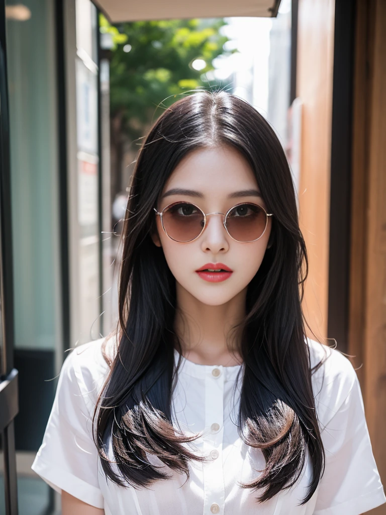 best qualtiy,tmasterpiece,Ultra-high resolution,(realisticlying:1.4),RAW photogr,(Evening street),1个Giant Breast Girl,With sunglasses,黑The eye,long whitr hair,Light makeup,cparted lips,tiny ears,whitet-shirt,denim short,Beautiful Women with Perfect Figure:1.4, (exteriors,beachside:1.1),Ultra-fine face,Fine eyes,double eyelid