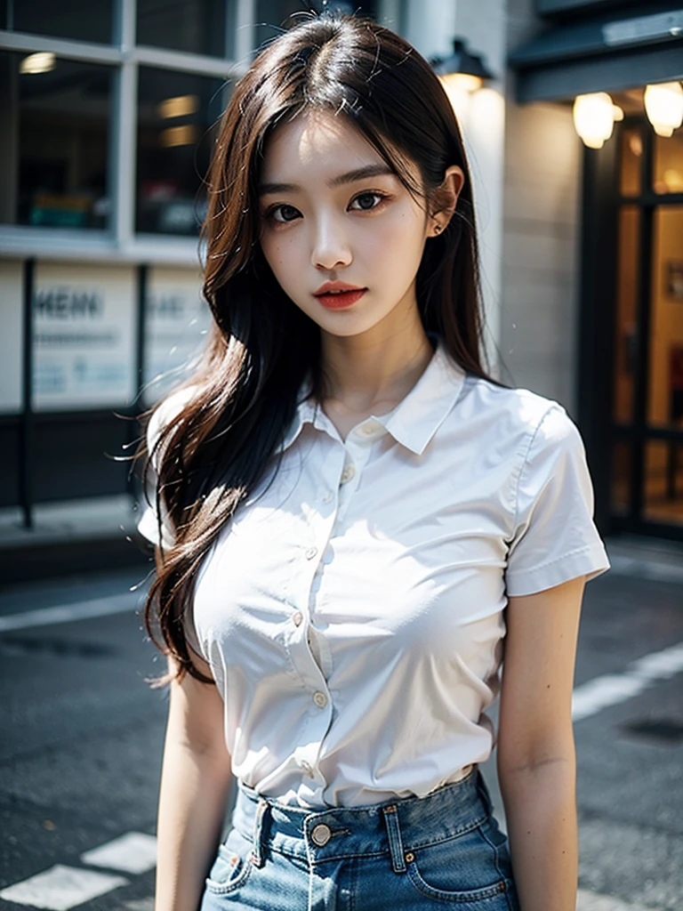 best qualtiy,tmasterpiece,Ultra-high resolution,(realisticlying:1.4),RAW photogr,(Evening street),1个Giant Breast Girl,With sunglasses,黑The eye,long whitr hair,Light makeup,cparted lips,tiny ears,whitet-shirt,denim short,Beautiful Women with Perfect Figure:1.4, (exteriors,beachside:1.1),Ultra-fine face,Fine eyes,double eyelid