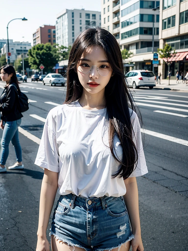 best qualtiy,tmasterpiece,Ultra-high resolution,(realisticlying:1.4),RAW photogr,(Evening street),1个Giant Breast Girl,With sunglasses,黑The eye,long whitr hair,Light makeup,cparted lips,tiny ears,whitet-shirt,denim short,Beautiful Women with Perfect Figure:1.4, (exteriors,beachside:1.1),Ultra-fine face,Fine eyes,double eyelid