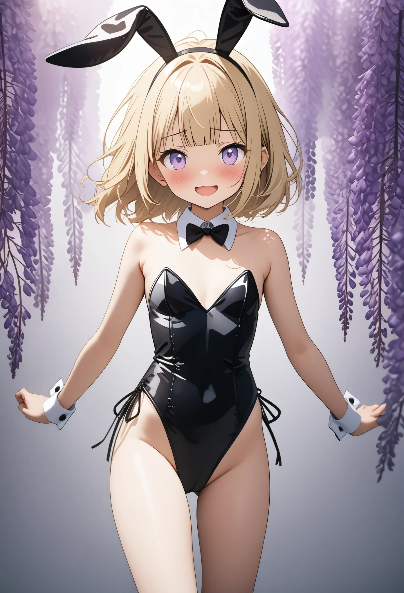((Masterpiece)), (Anime:1.3), ((best quality)), (RAW photo:1.2), (High Definition:1.3), (Professional Photography:1.2), (), (super detailed), 1girl, solo, slim body, look at viewer, (playboy_bunny:1.3), (simple background), clear face, blunt bangs, messy hair, medium hair, blonde hair, bob cut, blush, shame smile, open mouth, (in purple Wisteria blooming wildly),