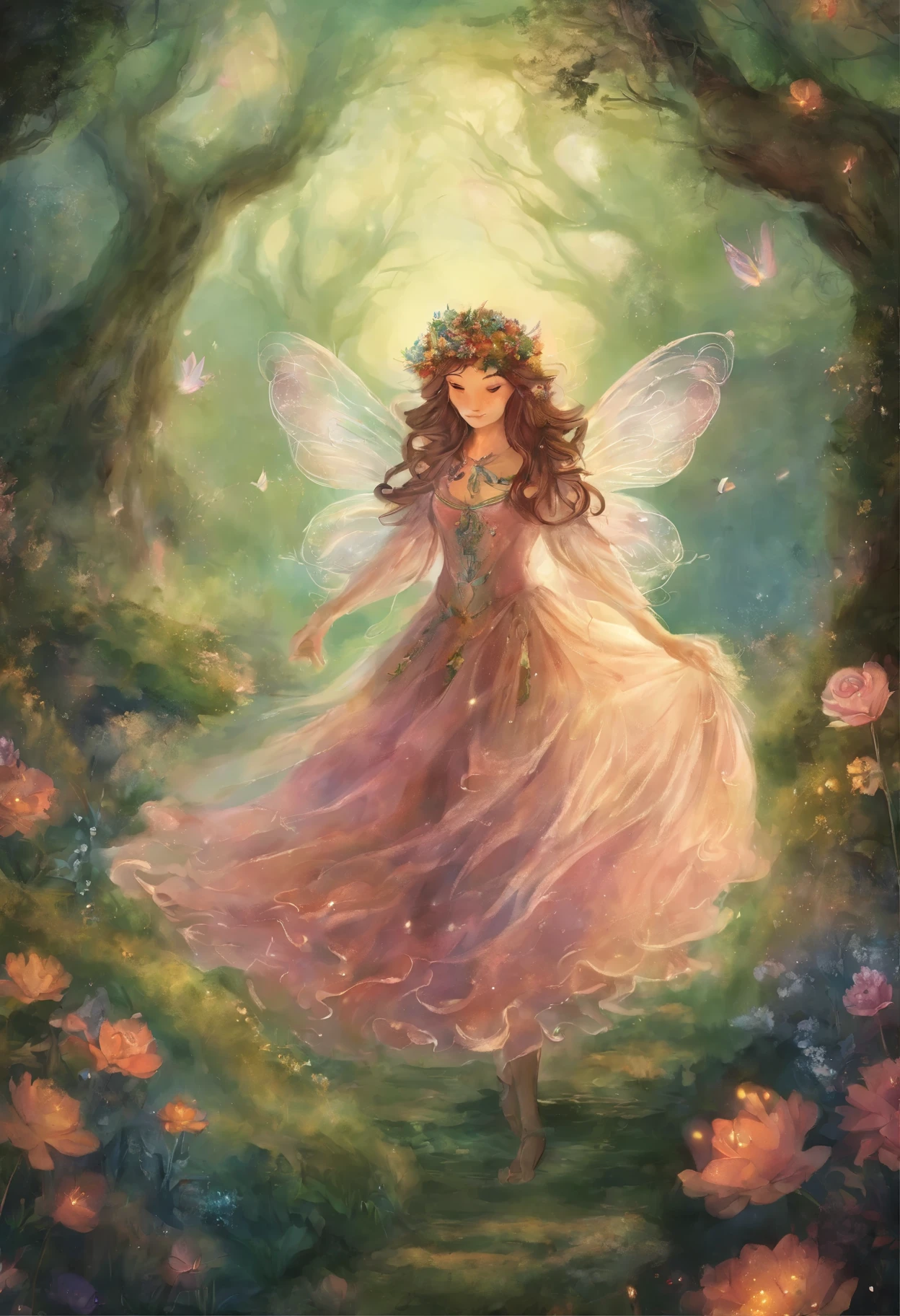 fada dos bosques flutuando acima das flores do campo, costas 