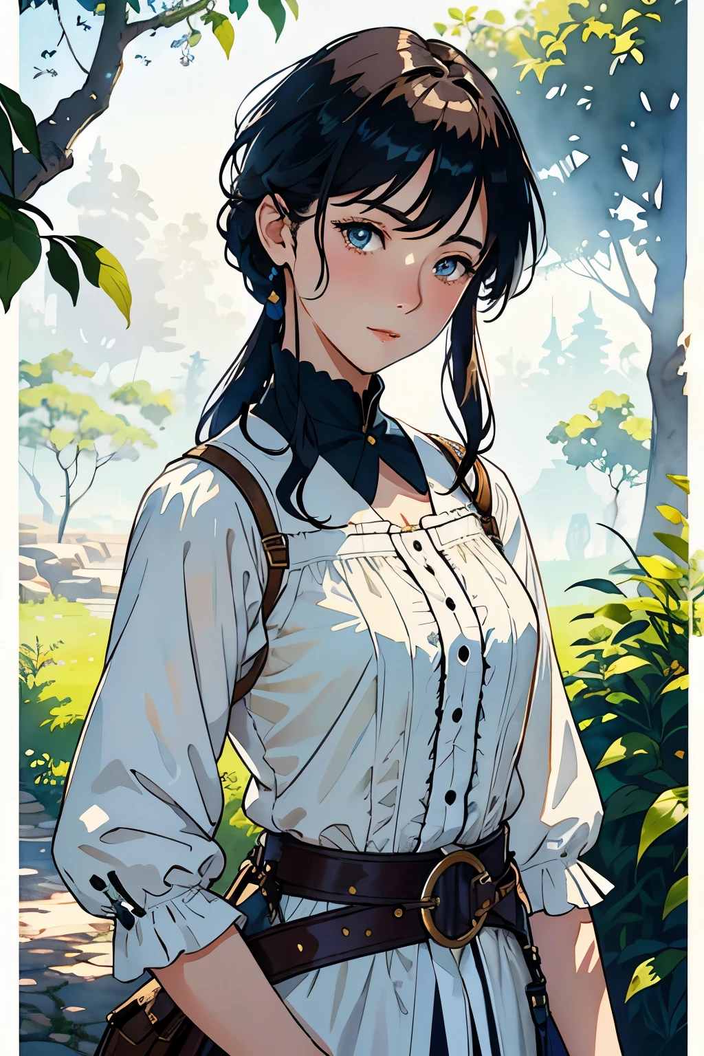 (highest quality、High resolution、masterpiece)、(Anime Art 4k)、(Realistic)、Portraiture、 1 person、20-year-old woman、(Upper Body、Front facing、natural standing posture、)、Beautiful Face、 (Exquisite beautiful eyes)、long、Black Hair、 short hair、 Beautiful Hair、Shiny Hair、Trim your hair、Combing your hair、Skin Texture、Moisturized Skin、Small breasts、(Adventure travel clothing)、Blouse with a simple design、Peasant style costume、Victorian era costumes、steampunk、Cinema Lighting、Realistic lighting、Backlight、Ray Tracing、(White Background)、(No background)、(Sargent-style watercolor)、(Edmund Leighton Style)、