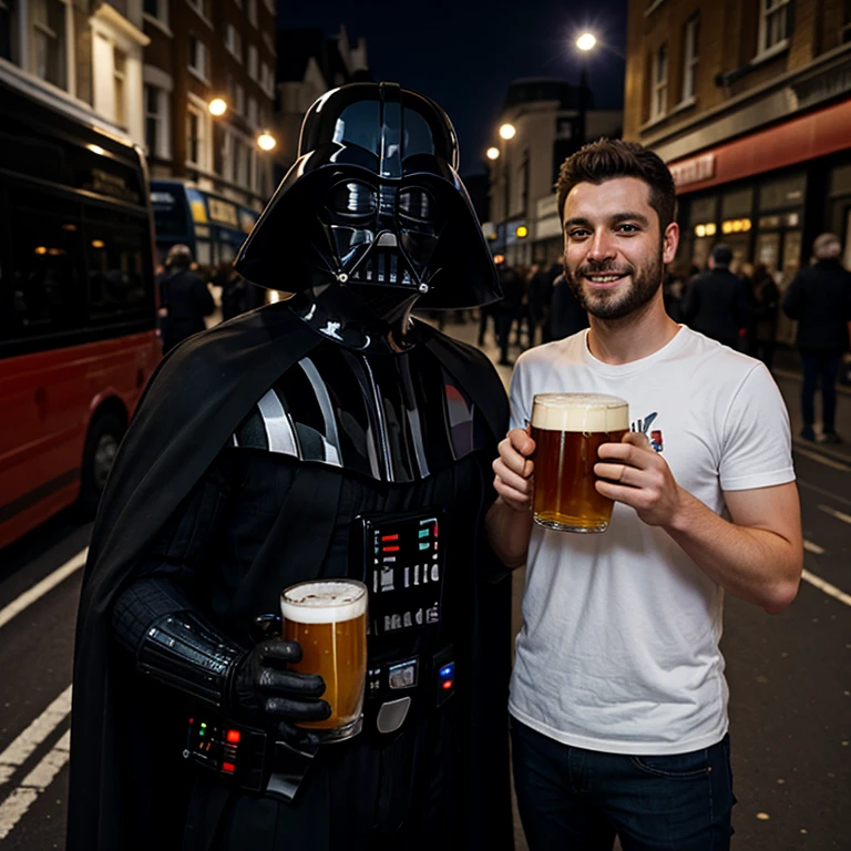 Darth Vader, celebrating with a mug of beer on Star Wars Day on a London street at night with a friend.