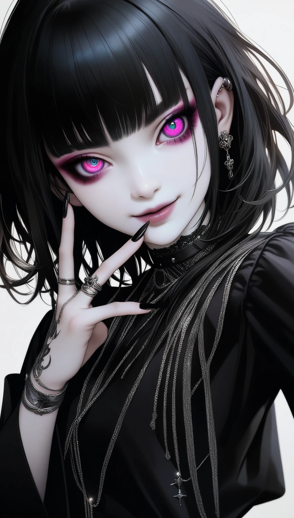 A very cute goth anime girl with black hair and bangs, wearing rings on her fingers, pale skin, sharp eyes, dark makeup, she has long acrylic nails that have been painted silver, intricate rings on fingers, wearing an all-black outfit, She exudes sophistication and cool. in the style of hyper realistic. fasion style, mysterious smile, --ar 3:4 --niji 6 --style raw --s 1000