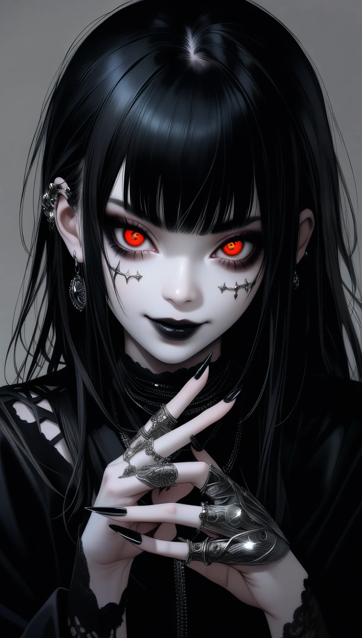 A very cute goth anime girl with black hair and bangs, wearing rings on her fingers, pale skin, sharp eyes, dark makeup, she has long acrylic nails that have been painted silver, intricate rings on fingers, wearing an all-black outfit, She exudes sophistication and cool. in the style of hyper realistic. fasion style, mysterious smile, --ar 3:4 --niji 6 --style raw --s 1000