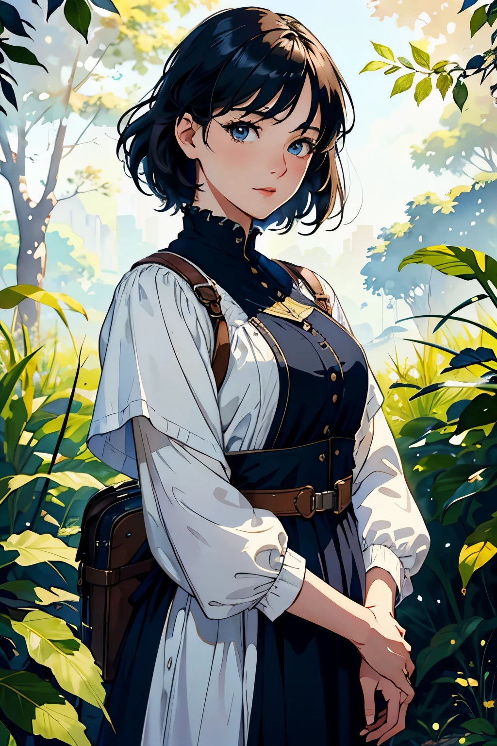 (highest quality、High resolution、masterpiece)、(Anime Art 4k)、(Realistic)、Portraiture、 1 person、20-year-old woman、(Upper Body、Front facing、natural standing posture、)、Beautiful Face、 (Exquisite beautiful eyes)、long、Black Hair、 short hair、 Beautiful Hair、Shiny Hair、Trim your hair、Combing your hair、Skin Texture、Moisturized Skin、Small breasts、(Adventure travel clothing)、Blouse with a simple design、Peasant style costume、Victorian era costumes、steampunk、Cinema Lighting、Realistic lighting、Backlight、Ray Tracing、(White Background)、(No background)、(Sargent-style watercolor)、(Edmund Leighton Style)、