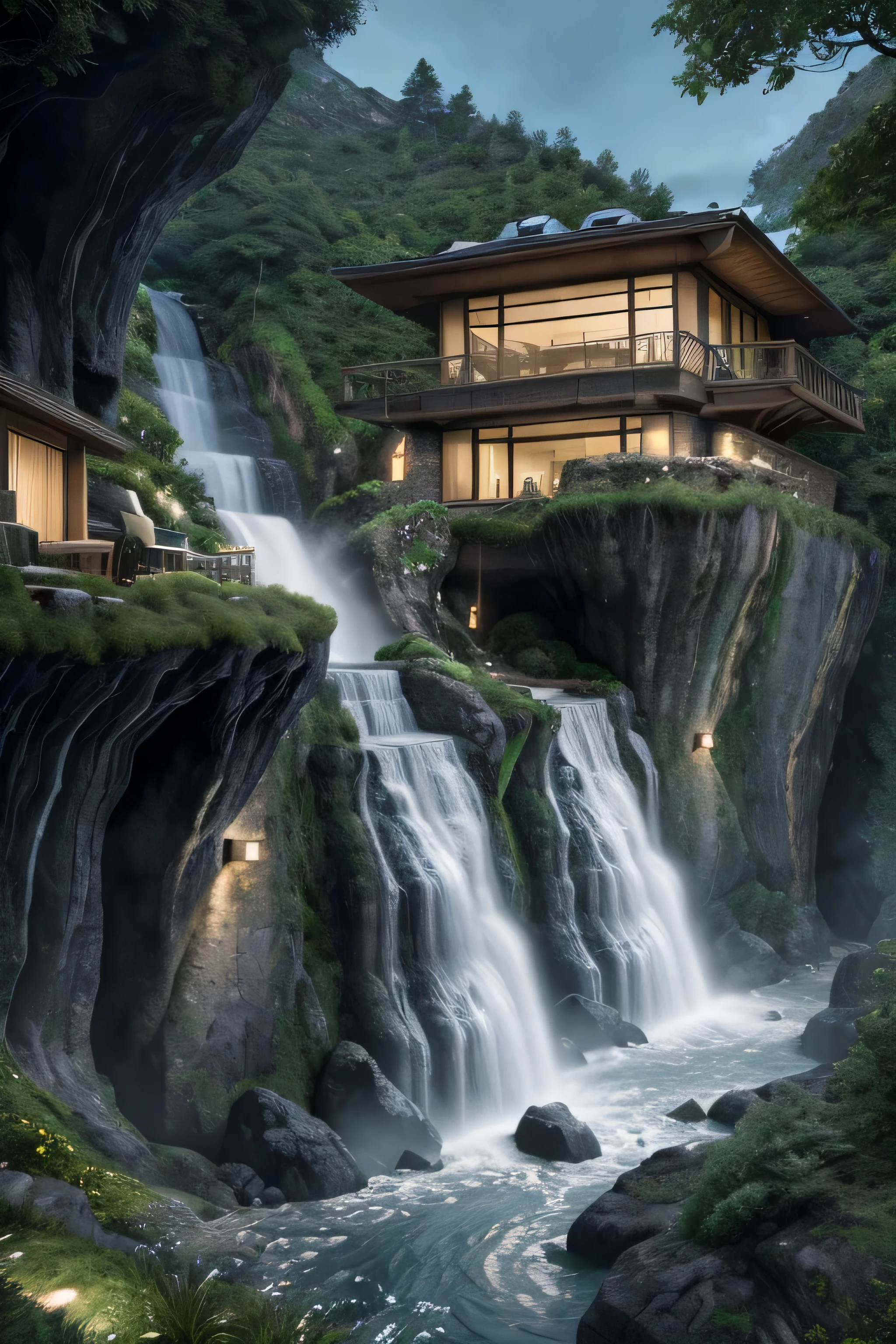 a close up of a waterfall near a house on a cliff, very close to real nature, cliffside, integrated in the mountains, luxurious onsens, mix with rivendell architecture, nature meets architecture, next to a waterfall, epic and stunning, by Johannes Voss, with waterfalls, shining lights on cliff side, waterfall walls, 4 k vertical wallpaper