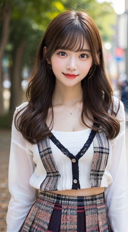 Smile、natta、Raw photography、(((Ultimate Beauty Portrait)))、((glistning skin))、1 girl、15 year old beautiful girl in Prague、bright expression、((brown haired))、(cleavage of the breast)、(Plaid pleated skirt:1.5)、((Big eyes that shine like jewels))、open cardigan、Open your clothes、panthyhose、Glossy glossy skin、(Medium Hair)、(Silky Ponytail Hair)、(is standing)、(frombelow)、Under the skirt、(Close-up of underwear from below)、eye liner、Beautiful bangs、Hair between the eyes、((masterpiece、top-quality、ultra-detailliert、Film Light、intricate-detail、hight resolution、ighly detailed))、Detailed background、8KUHD、Digital SLR、Soft light、hightquality、Film grain、FujifilmXT3 、Shallow depth of field、natural soft light、Kamimei、Lush bust