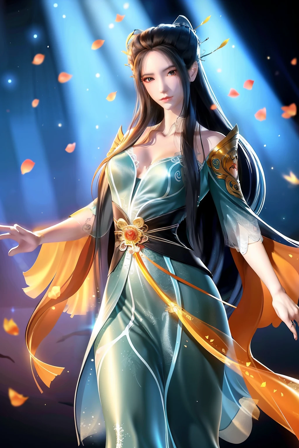 Chinese female with long flowing hair stands boldly in the whole body shot, dressed in traditional anime-style clothing. She gazes intently at the ancient chessboard before her, her expression one of deep concentration. The cinematic lighting bathes her in a warm, golden glow, enhancing the rich UHD details of her intricately designed kimono. Splashes of color adorn the background, a vibrant floral scene painted in watercolor style. The crisp, clear sharp focus captures every detail, from the delicate fabric of her garment to the determined set of her jaw. This masterpiece is a solo piece, a breathtaking work of art reminiscent of Korean style illustrations,