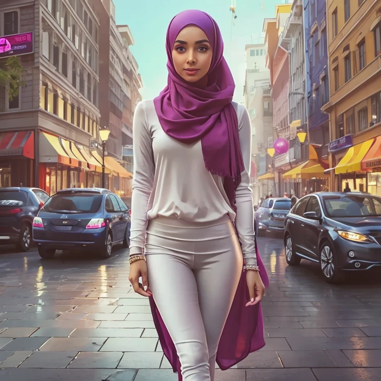 A young woman in her early twenties, her features adorned with a hijab that drapes elegantly over her shoulders, framing her face. Her dark brown eyes shine with intelligence and confidence as she gazes ahead, her lips curved into a subtle smile. She has a slender build and stands at an average height, her posture straight and poised. She wears a tight pair of leggings that hug her curves, accentuating her toned legs and shapely derriere. The leggings are a vibrant shade of fuchsia, contrasting beautifully against the more muted tones of her long-sleeved blouse and hijab. Her blouse is a soft, lightweight material that falls just above her hips, revealing a hint of her midriff and accentuating her waist. Her feet are clad in comfortable yet stylish white sneakers, perfectly complementing her casual yet fashionable ensemble. The background of the image is a busy street scene, with people walking past and cars zooming by, creating a lively and vibrant atmosphere around her.