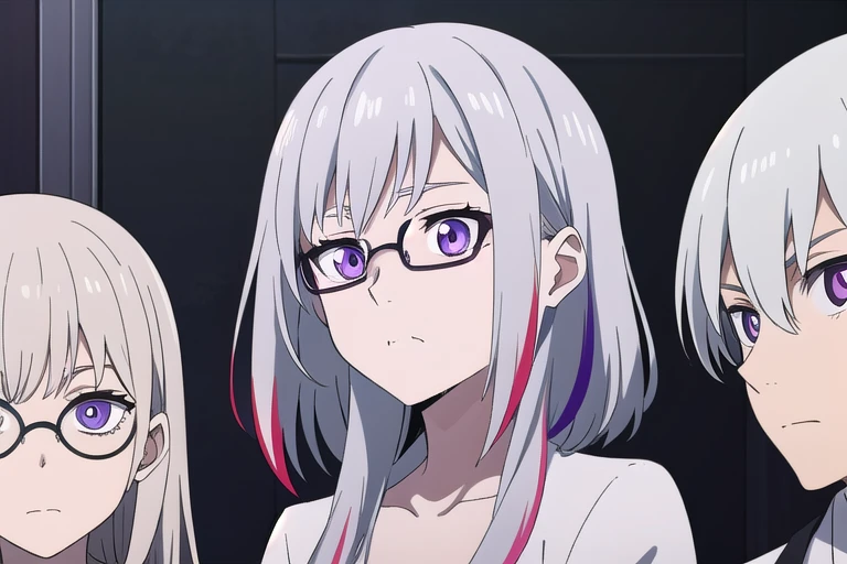 streaked hair, silver hair, black hair, bespectacled, crazy eyes, devil pupils, purple eyes, bored, expressionless, skin fang