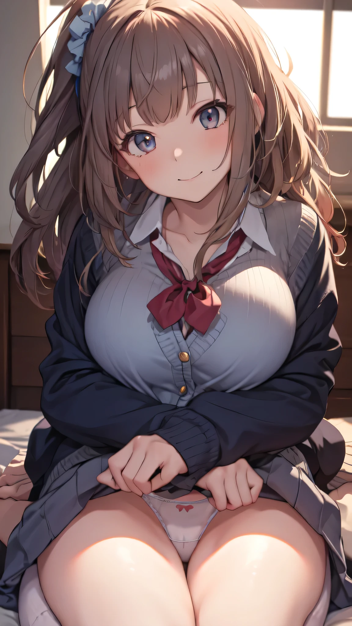 "ultra-detailed, (8k, RAW photography, best quality, masterpiece:1.2), incredibly detailed 8k wallpaper, professional lighting, sharp focus, intricately drawn depth, caution when browsing, clear eyes, flawless anatomy, a girl, , high ponytail, smiling, ample bosom, blazer, school, micro mini skirt, close-up of face, hair accessories, an imminent kiss, plump thighs, lying on back, legs apart, white lace panties"、loose socks