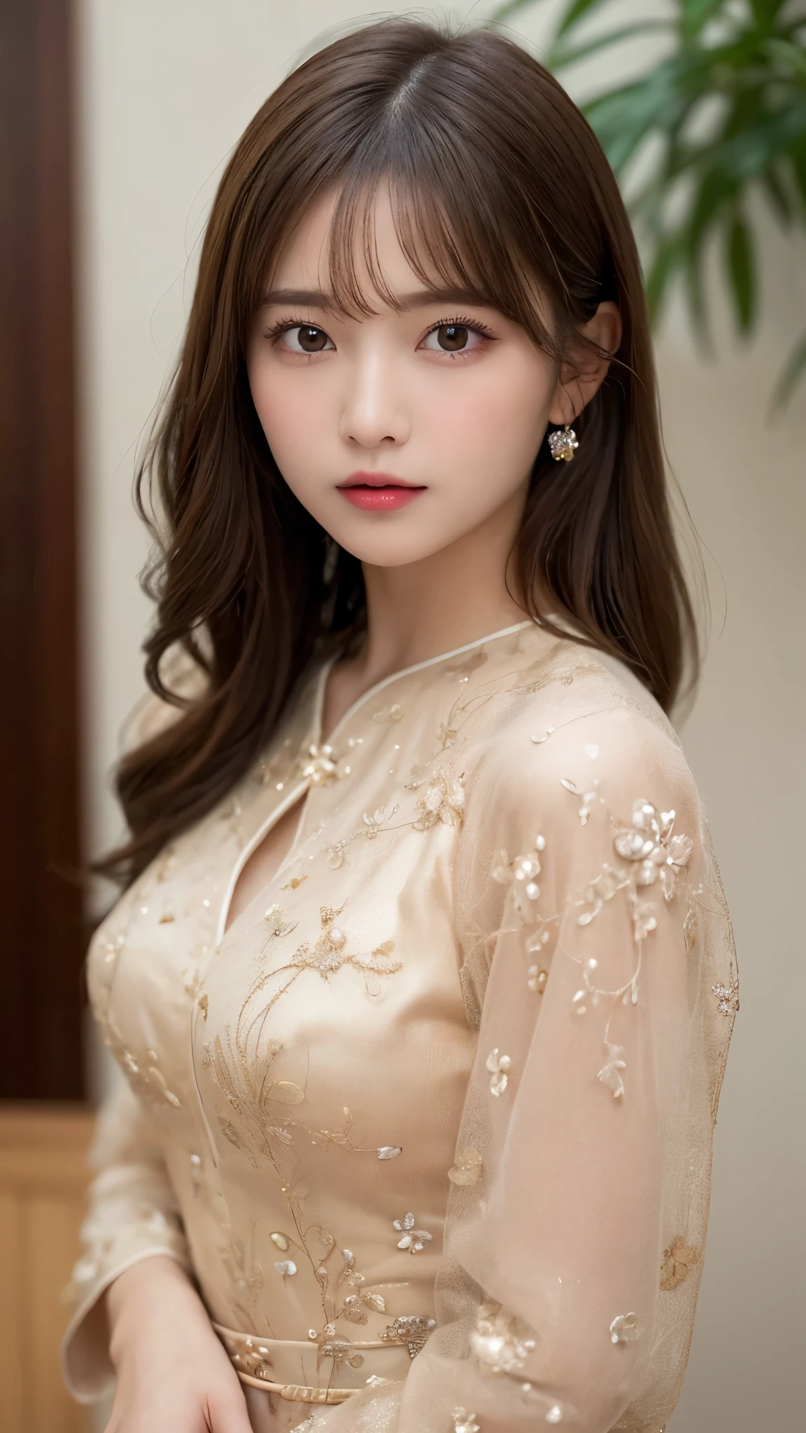 (masterpiece:1.5)、(photorealistic:1.5)、(highest quality:1.4、8K、Raw photo)、
ultra high resolution、professional lighting、perfect dynamic composition、Indoors、
film grain、chromatic aberration、(Bokeh:1.1)、
Frank、Sophisticated、attractive、surreal、high detail、golden ratio、
(1 girl)、Slender girl、Delicate and attractive girl、cute woman:1.4、
serious expression、looking at the viewer、
light brown hair、shining hair、random cute hairstyles、
Transparent and beautiful skin、skin that looks real、
close your mouth、natural color lip、detailed eyes、double eyelid、thin arms、
(wearing a chinese dress)