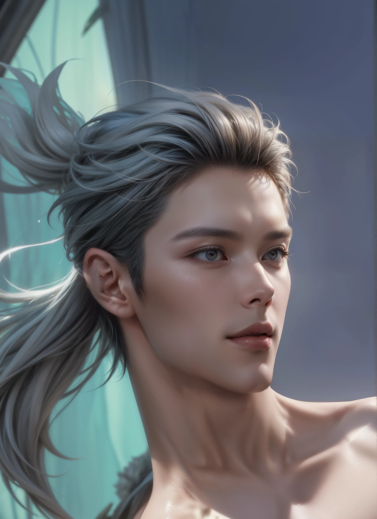 1 man, (male model) hot skin, masterpiece, best qualities, most handsome man in the world, by Tham Quan, perfect body, beautiful male model, an attractive man lead 18-24 years old aesthetic, white hair, blooming in spring, green field, spring, plain, trees, flowers, blue sky, rough and handsome young man in a clear white robe transparent, transparent white fabric, jacket shoulders exposed, chest muscles exposed, transparent white shorts exposing thighs)), (male focus), (smooth body) ), smile, super cute, thoughtful Dynamic position, cool and seductive, dramatic lighting, full body shot, full body shot, young face, full body, hairless body, tall and thin, well proportioned body, dominant, white skin or white, young face, Toned body, Hd, Natural skin tone, soft light, High detail, Looking at audience, photography, Detailed skin, real person, realistic, Realistic optical , Crazy Detail, Facial Detail, Exaggeration Maximization, Exaggerated Surrealism, film, Telephoto, intricate detail lighting , High Detail, High Detail, Digital Painting, artstation, concept art, smooth focus, sharp, illustration, Unreal Engine 5, 8K, art by Ross Tran and Greg Rutkowski and Alphonse Mucha, UHD, 8k, Shown to men only .8k Ultra HD , DSLR, dim light, high quality, film grain, Fujifilm XT3, male fan, 2 person model, 2 people.
