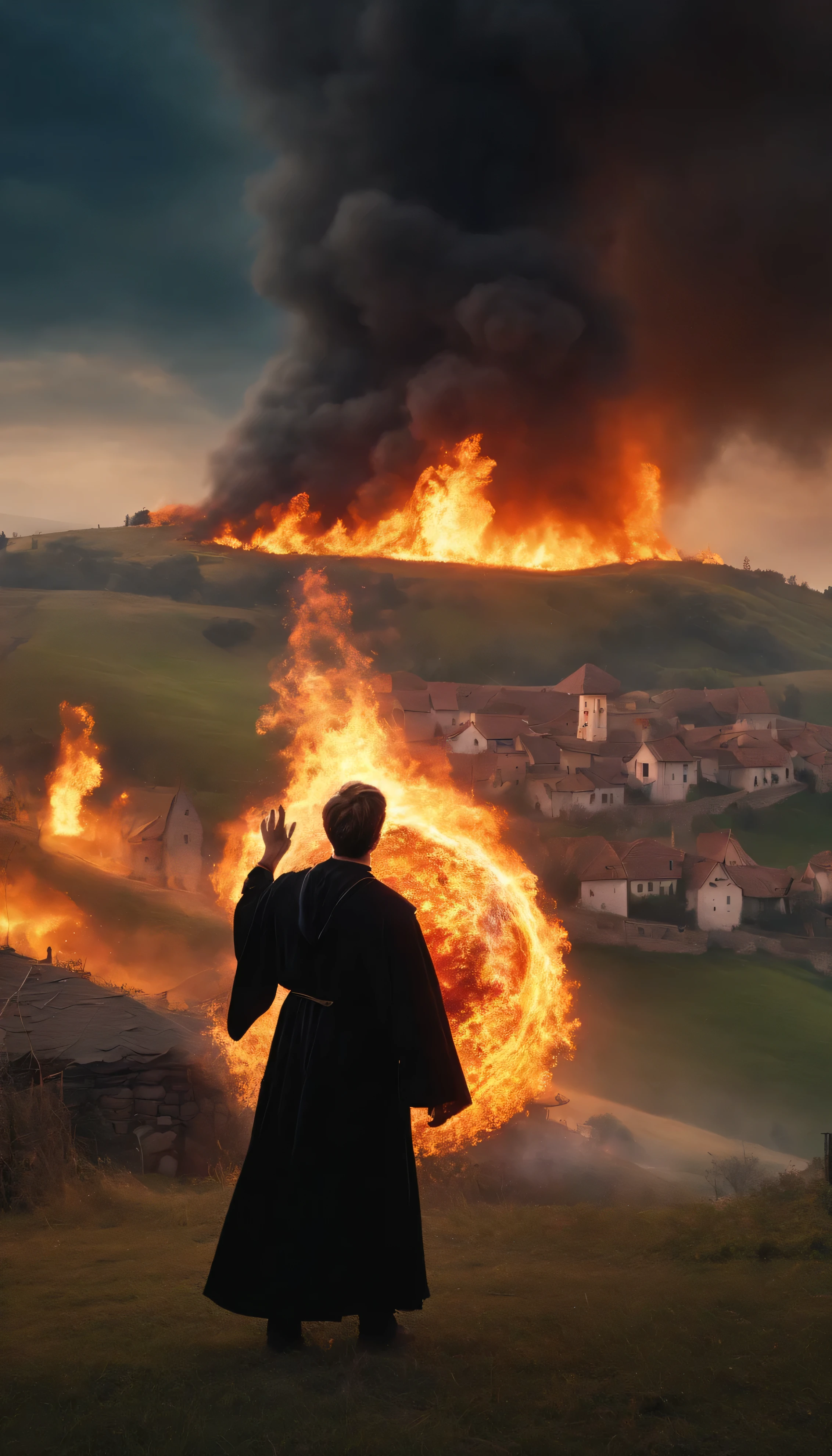 8k, close distance portrait, a male wizard with black clothes with short hair from behind, make a hand gesture, throwing a super massive huge fireball to a village in the distance from hill, with a burning village background the distance