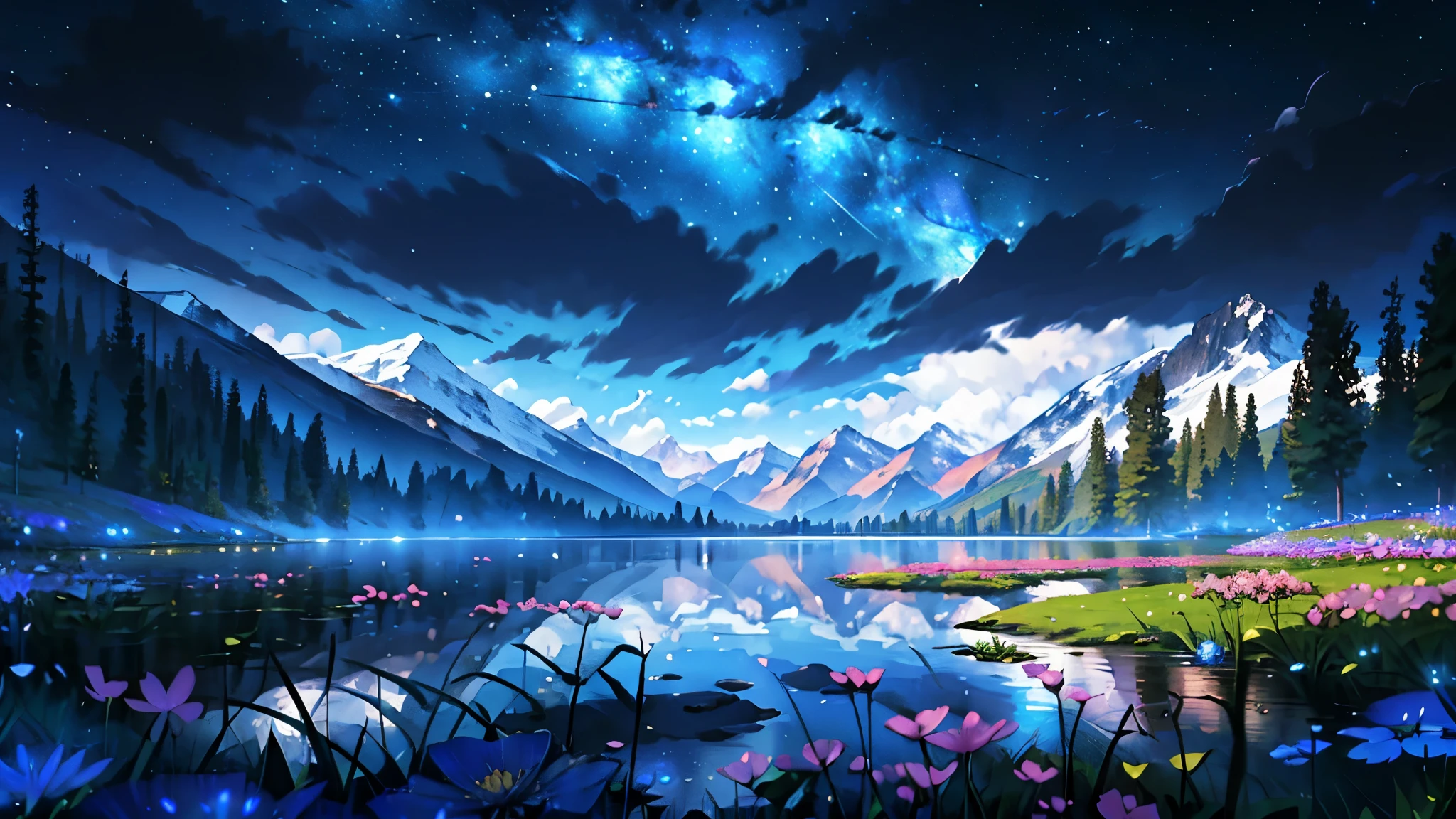 Summer, meadows, few small flowers, clear lakes, sheep, heaven, large clouds, blue sky, hot weather, HD detail, wet watermark, hyper-detail, cinematic, surrealism, soft light, deep field focus bokeh, distant view is snowy mountains, ray tracing, and surrealism. --v6