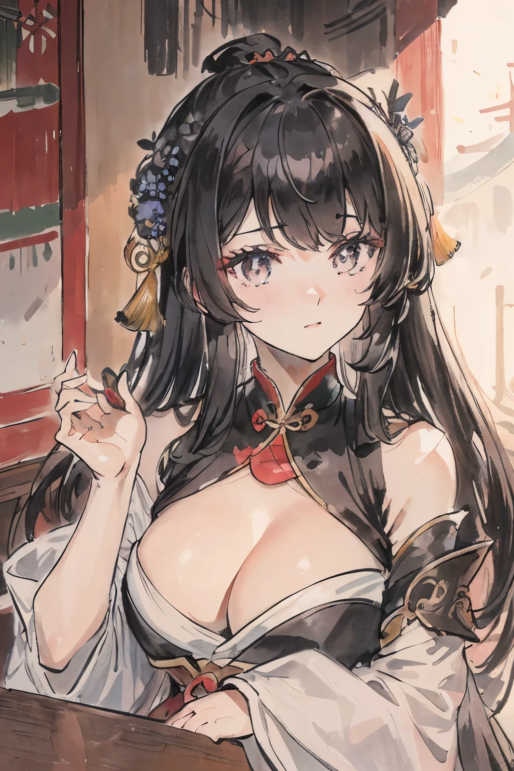 masterpiece, best quality, Very pretty beautiful girl,Black Hair，xianxia，Hair Bunch，