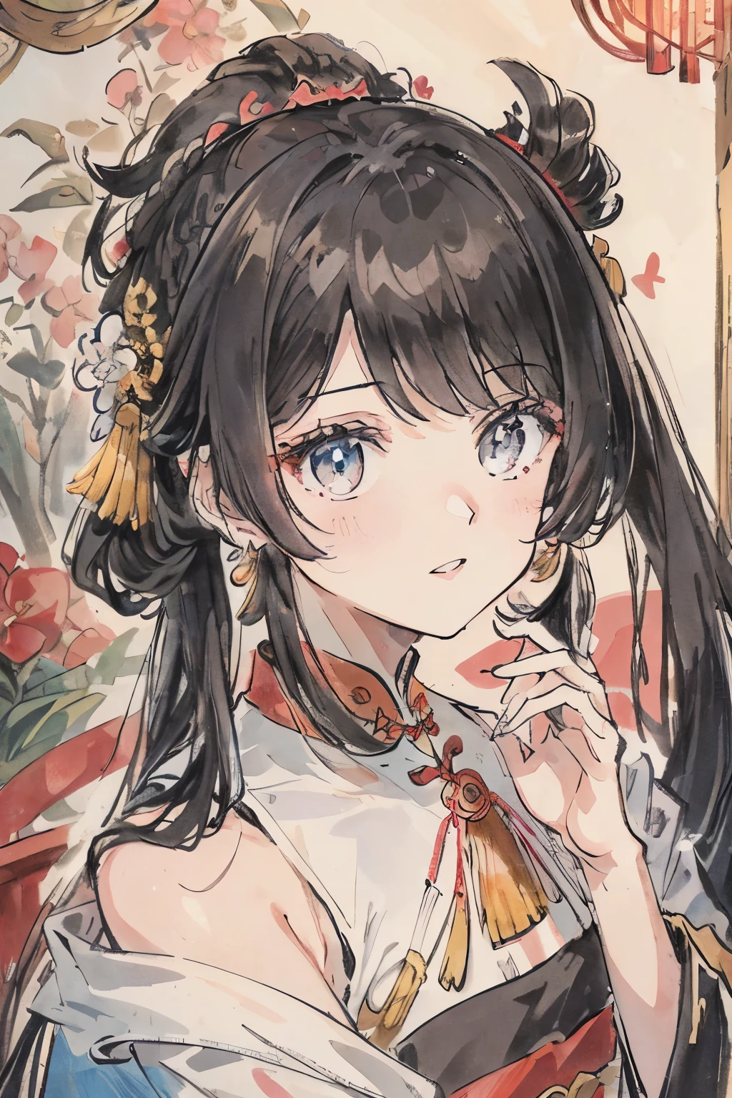 masterpiece, best quality, Very pretty beautiful girl,Black Hair,xianxia,Hair Bunch,